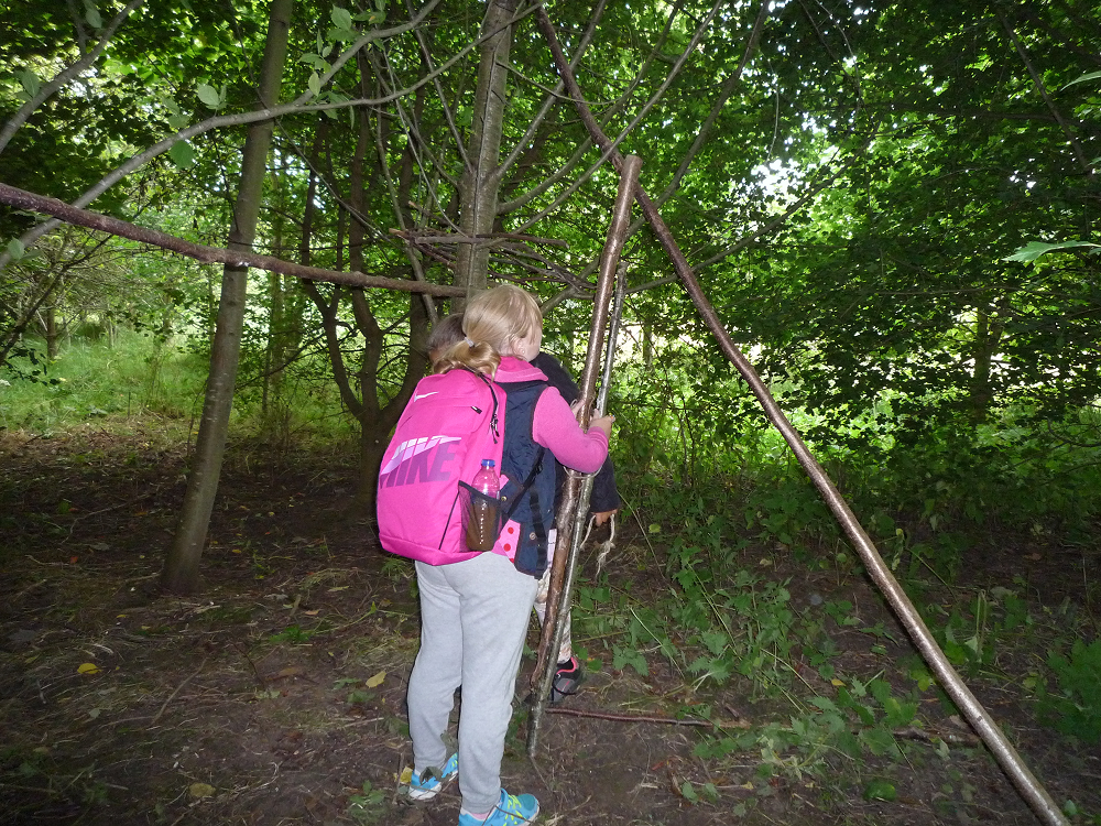 Child walking through a woodland forest wearing a back pack